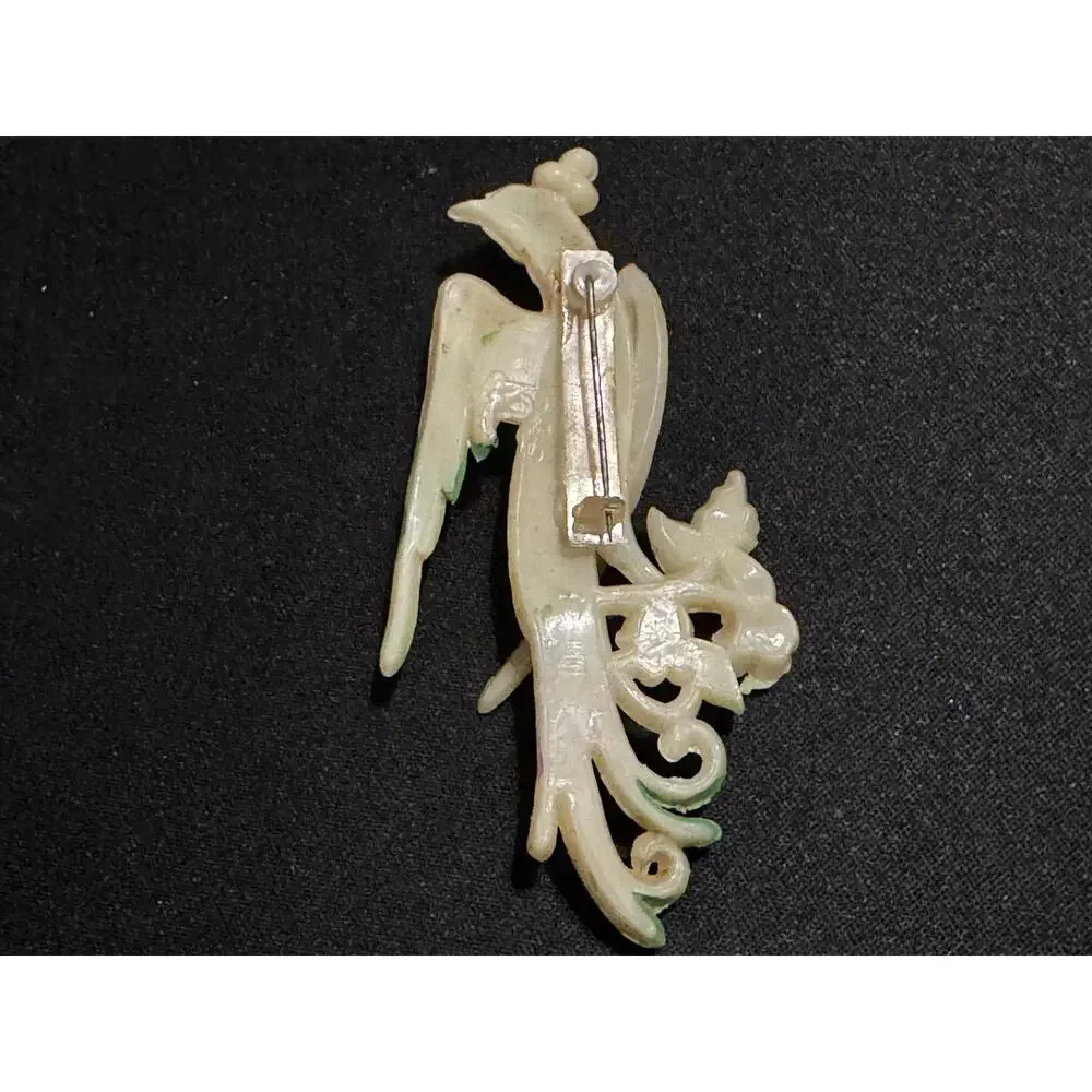 1930's Carved Celluloid Rhinestone Brid Brooch